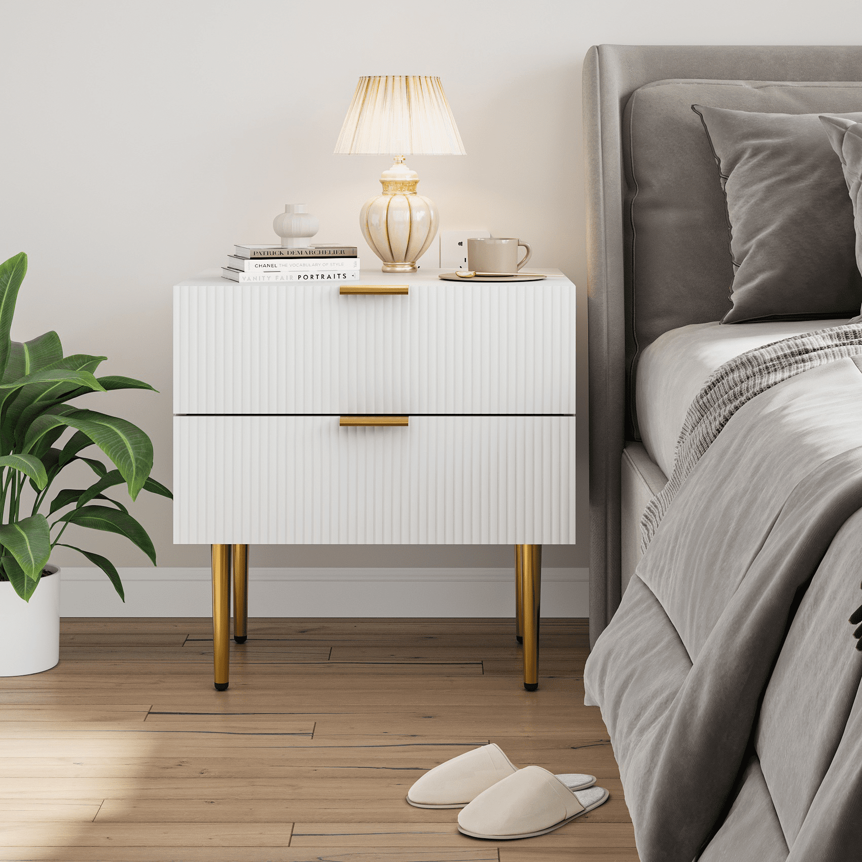 White Wave Pattern Nightstand with Gold Accents and 2 Drawers