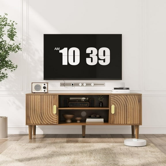 Smart FENDEE Modern TV Stand for 55" TV, Media Console with 2 Door for Living Room, Walnut