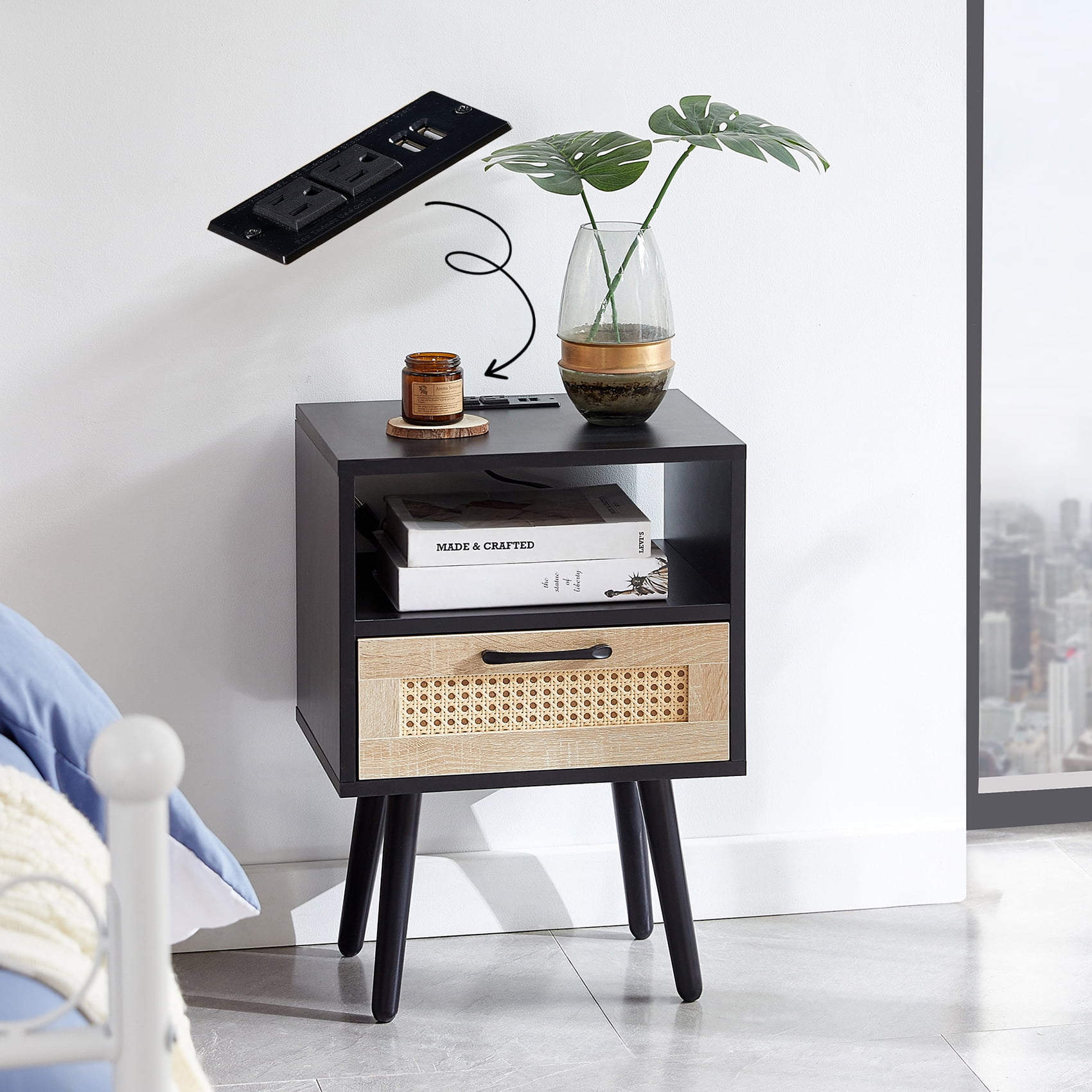 Smart FENDEE Rattan Wood Nightstand with Power Outlet and 1 Drawer,Usb