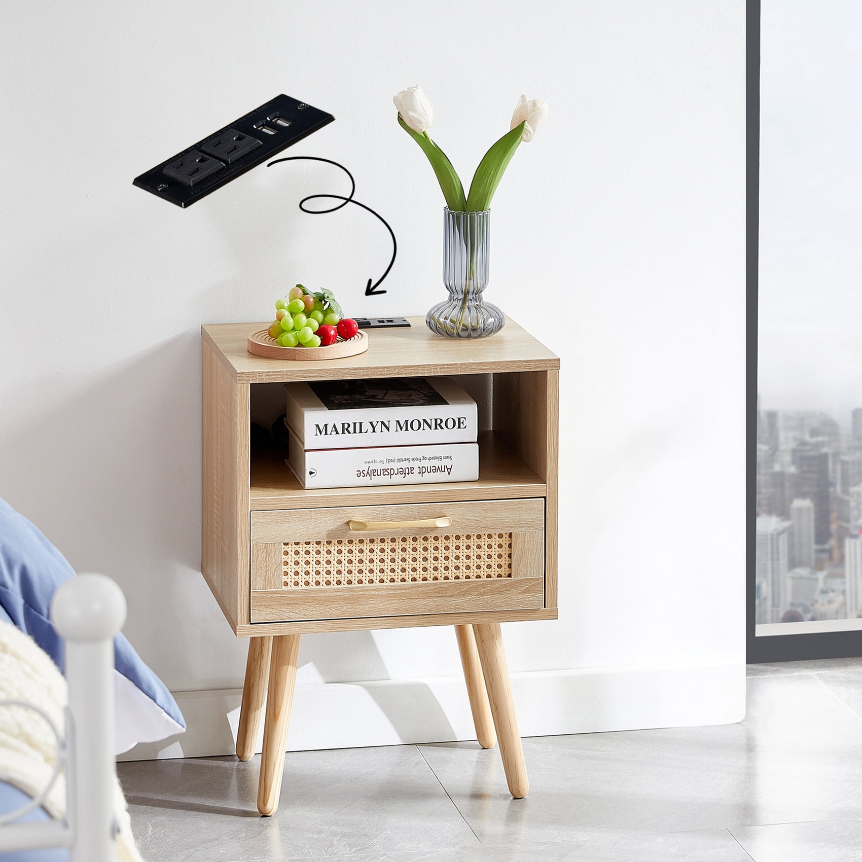 Smart FENDEE Rattan Wood Nightstand with Power Outlet and 1 Drawer,Usb