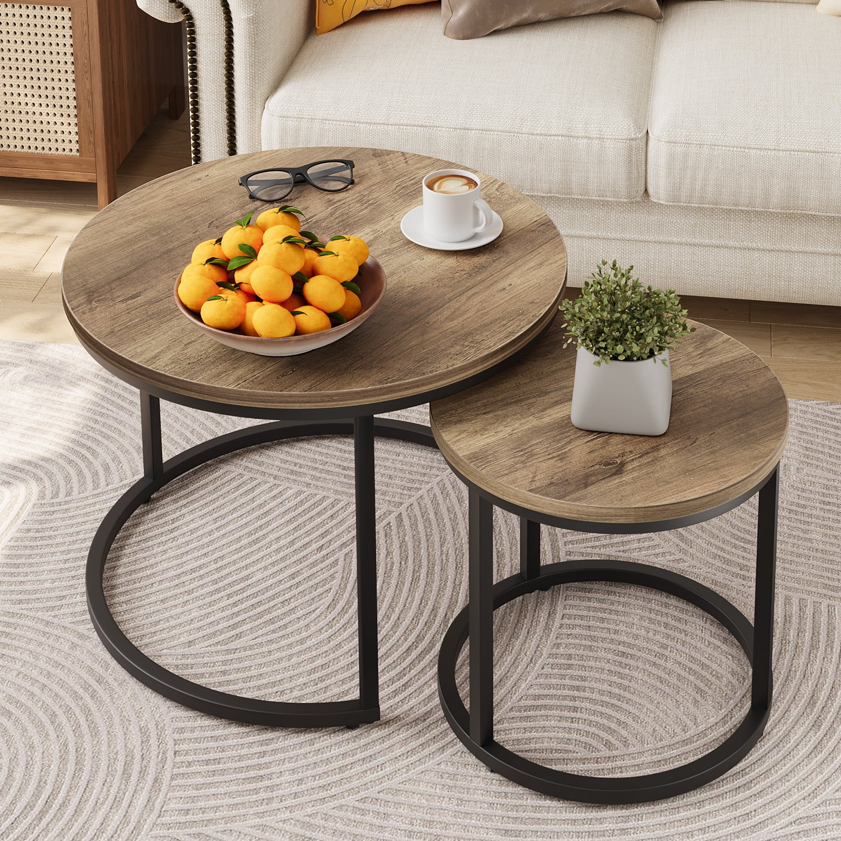 Smart FENDEE Round Coffee Table Set Wood Nesting Table for Living Room