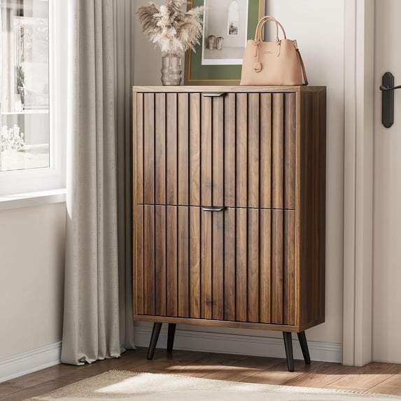 Smart FENDEE Shoe Cabinet with 2 Flip Drawers Slim Shoe Storage Cabinet, Entryway, Walnut, 23.6 in
