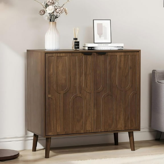 Smart FENDEE Farmhouse Sideboard Cabinet with Shelf and Paper Clip Pattern for Kitchen, Walnut Wood