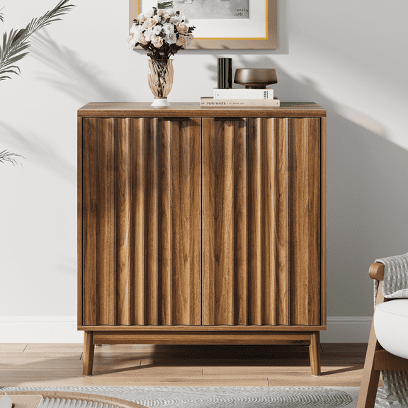 Smart FENDEE Walnut Sideboard with 2 Fluted Doors and Heavy-Duty Design, 1 Shelf