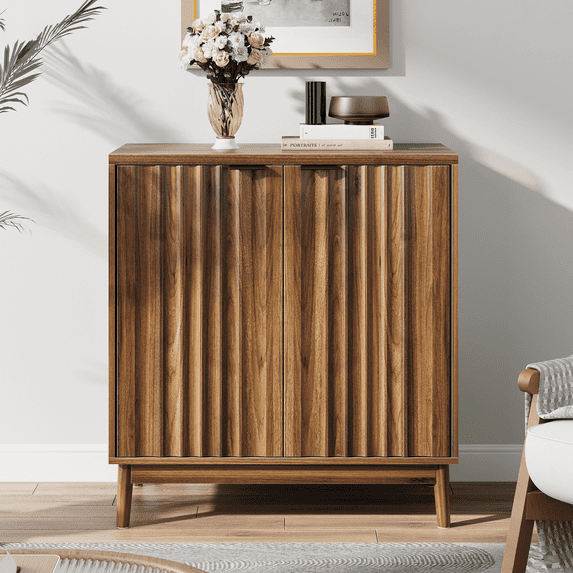 Smart FENDEE Walnut Sideboard with 2 Fluted Doors and Heavy-Duty Design, 1 Shelf