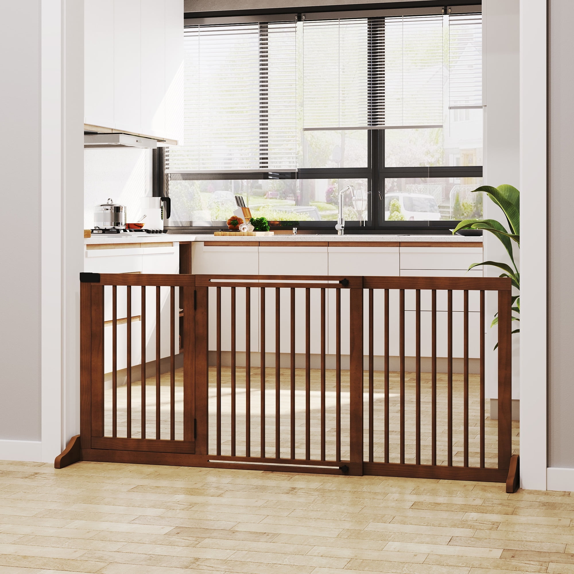 Smart FENDEE Wooden 3 Panel Pet Gate Freestanding Dog Fence for Doorway with Lockable Door Brown Walmart Business Supplies