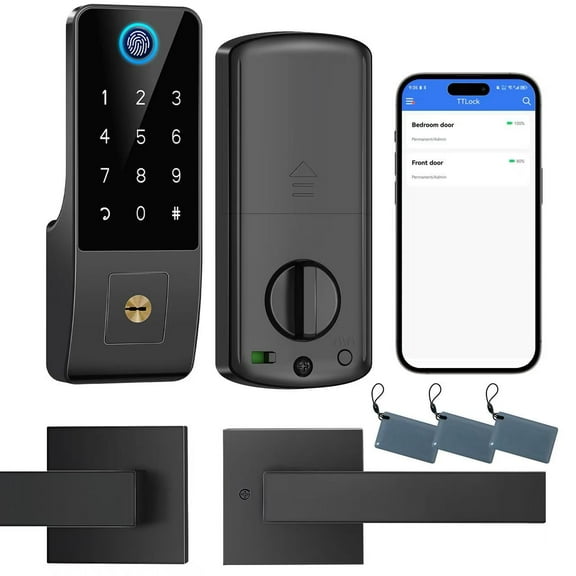 Smart Fingerprint Digital Door Lock - Keypad Lock and 2-Lever Handle Set,Keyless Entry Deadbolt for Front Door, App & Voice Control, Auto-Lock, Anti-Peep,Matte Black