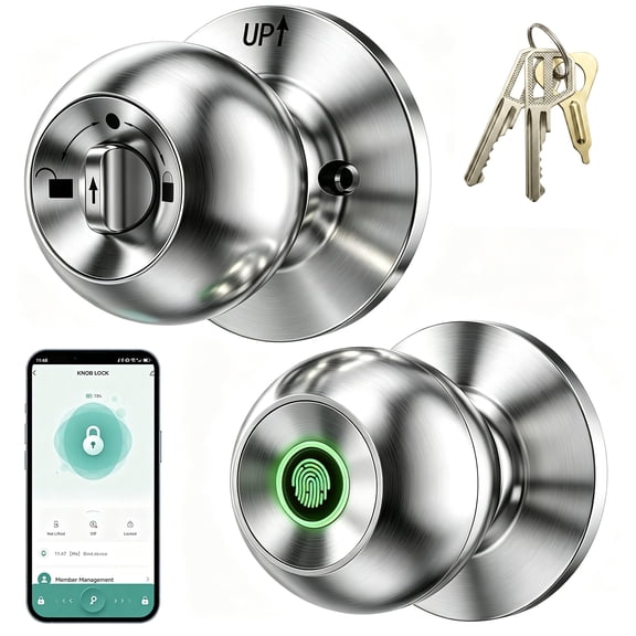 Fingerprint Door Knob, 3-in-1 Smart Door Lock with App Control & Backup Keys, Biometric Keyless Entry for Bedroom, Apartment, Office, Satin Nickel