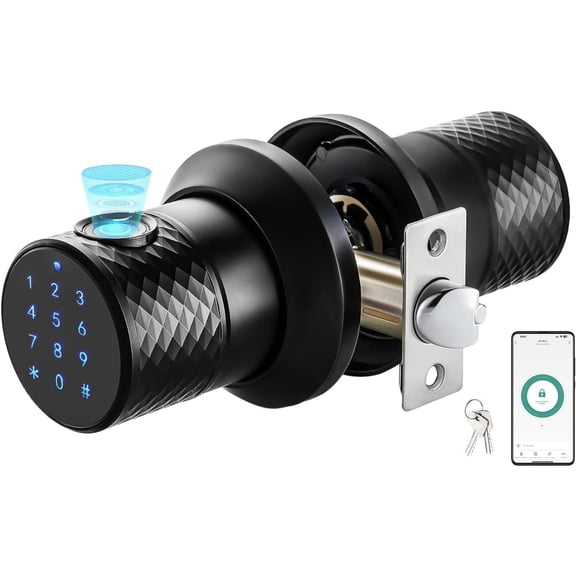 Smart Fingerprint Door Knob with Keypad, Keyless Touchscreen Digital Entry Door Lock, Secure Bluetooth, App Control, Anti-Slip Handle, Easy to Install, Auto Door Lock for Home, Hotel, Office, Garage