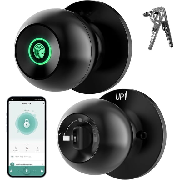 Smart Fingerprint Door Lock, 3 in 1 Smart Fingerprint Door Knob with App Control & Key, Auto Lock, Biometric Thumbprint Door Locks for Bedroom, Garage, Home & Office