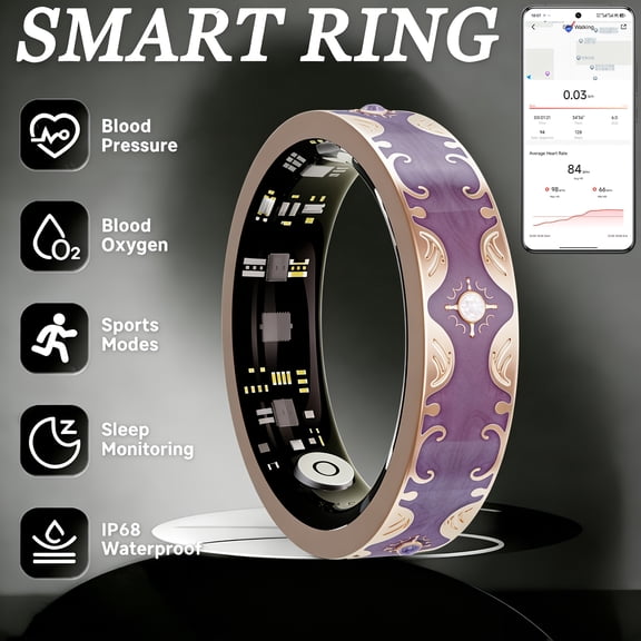 Smart Fitness Tracker Ring 24/7 Health Sleep Stress Monitor Sync Strava Gesture Photo Control iOS Android Gift for Women Mom Wife