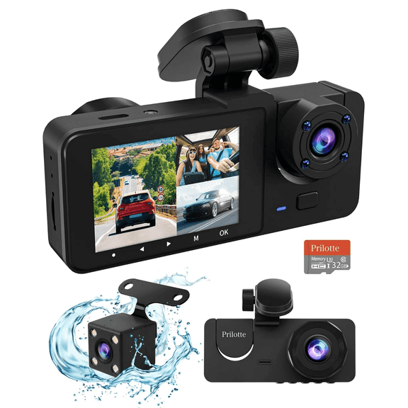 WuKeTin Dash Cam for Car, 1080P 3 Channel Front & Rear Inside Dash Camera, Super Night Vision, Parking Monitor, Loop Recording, with 32GB SD Card