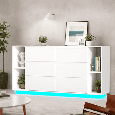 Smart Floating Dresser with Charging Station 6-Drawer White Dresser with ‌USB Outlets & Motion-Activated LED Lights‌ | Space-Saving Double Wide Cabinet with Storage Shelves for Bedroom, Hallway