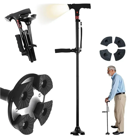 Smart Foldable Walking Cane with Light, Alarm, and Dual Handles Lightweight Non-Slip Support for Men & Women, Ideal Everyday Mobility Aid for Seniors, Veterans, and Parents