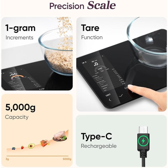Smart Food Kitchen Scale with Nutritional Calculator, Free App for AI Scan, Calorie & Macro Tracking, Food Preload, On-Screen Nutrient Info, Personal Goals, Rechargeable, 11 lb / 5 kg