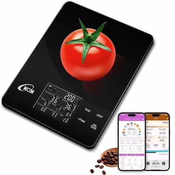Smart Food Scale with 30 Nutritional Calculator, Coffee Timer Function APP, Track Calorie, Macro, Carb for Weight Loss Keto and Diabetic, Espresso Scale Weight Grams and Ounces 5 Unit 1g/0.05oz