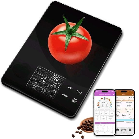 Smart Food Scale with 30 Nutritional Calculator, Coffee Timer Function APP, Track Calorie, Macro, Carb for Weight Loss Keto and Diabetic, Espresso Scale Weight Grams and Ounces 5 Unit 1g/0.05oz