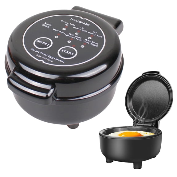 Hyvance Smart Fried Egg Cooker, Automatic Fried Egg Maker for 6 Features like Sunny Side Up, Over Easy, Fully Cooked & More. Auto Power Off, Alarm, Round Shape, Non Stick Coating (Black)