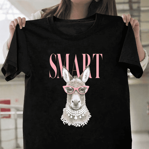 Smart Funny Smartass Donkey with Pink Glasses Animal Unisex T-Shirt, up to size 3XL.