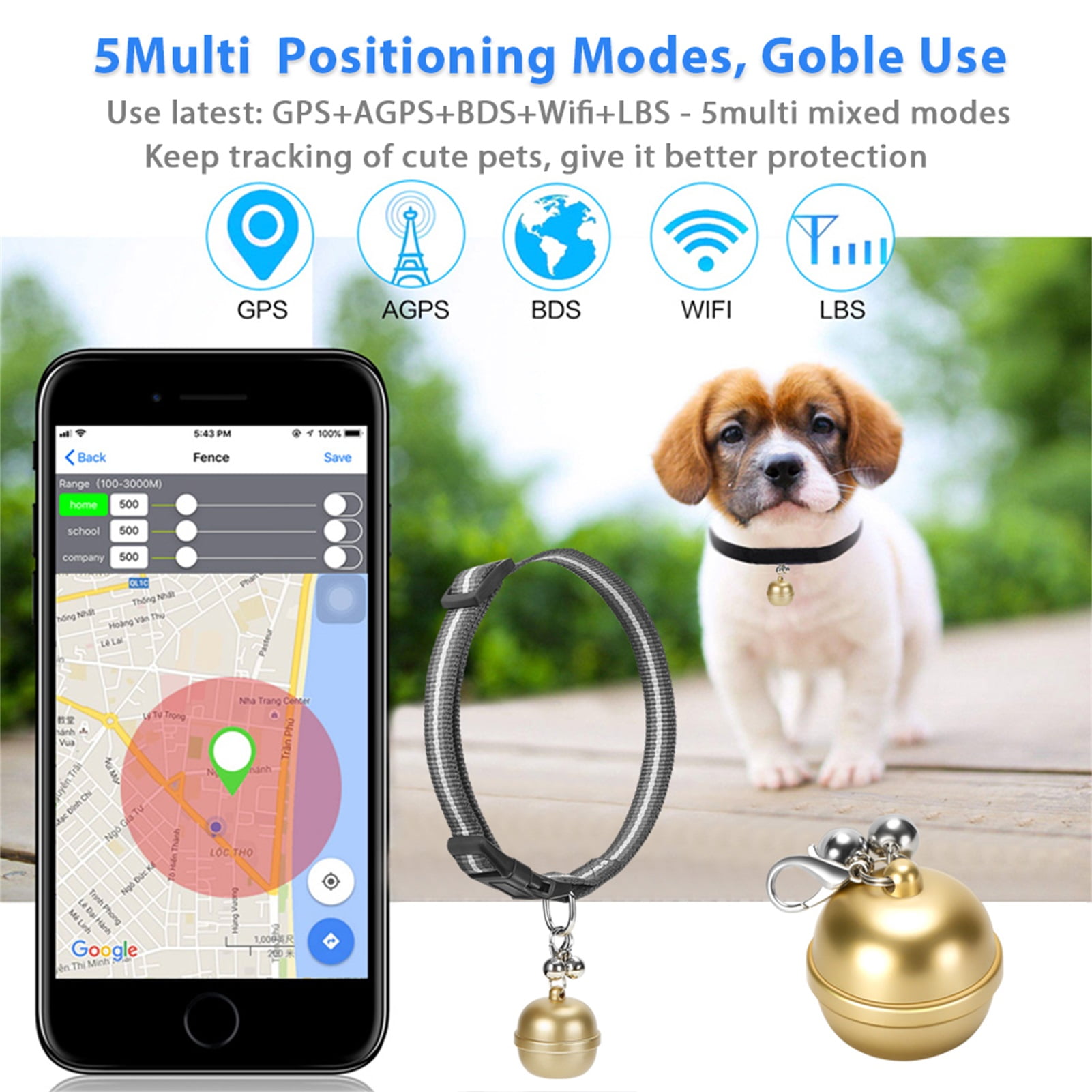 OBOSOE Smart GPS Tracker Mini Pet Bell Positioning Collar IP67 waterproof for Dogs And Cats AGPS LBS Positioning Geofence Real time Tracker Anti lost Tracking Gold Walmart