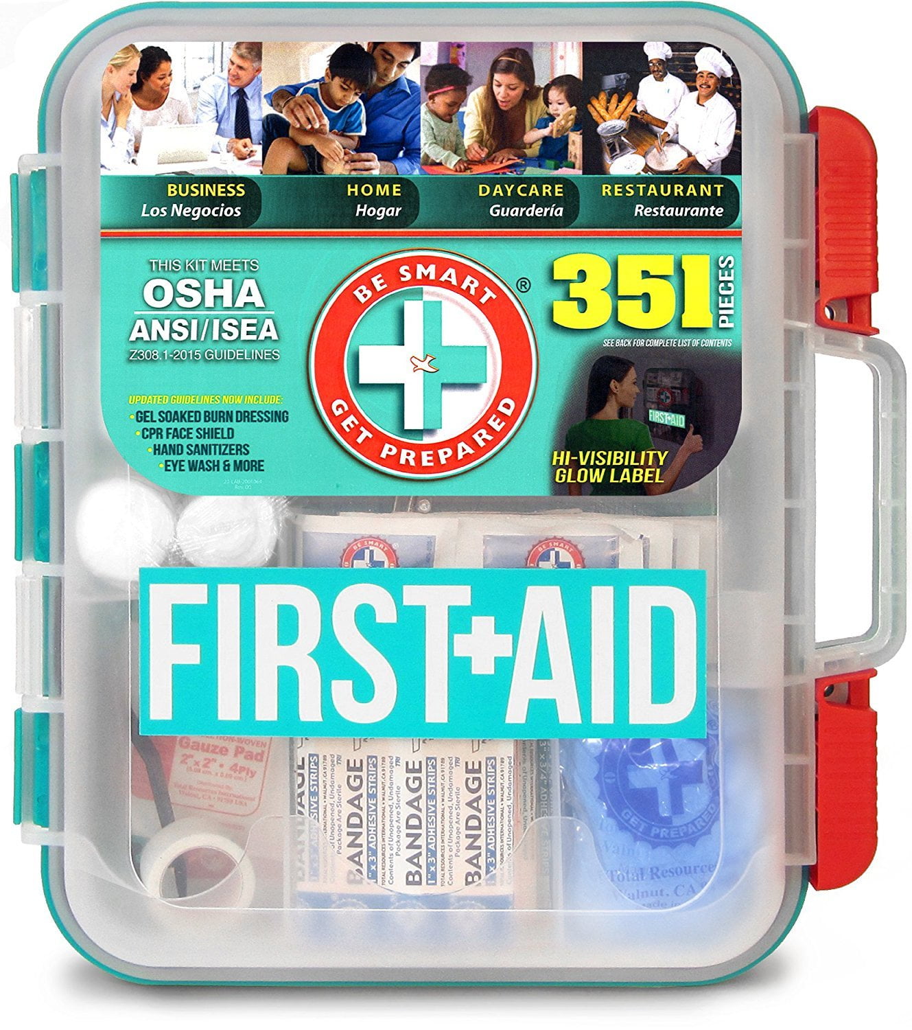 Be Smart Get Prepared 351 Piece First Aid Kit, Exceeds OSHA ANSI 2015 Standards for 100 People - Workplace, Home, Car, School, Emergency, Survival, Camping, Hunting, and Sports