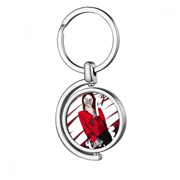 Smart Girl Figure Art Design Illustration Rotating Keychain Metal Keyring Holder