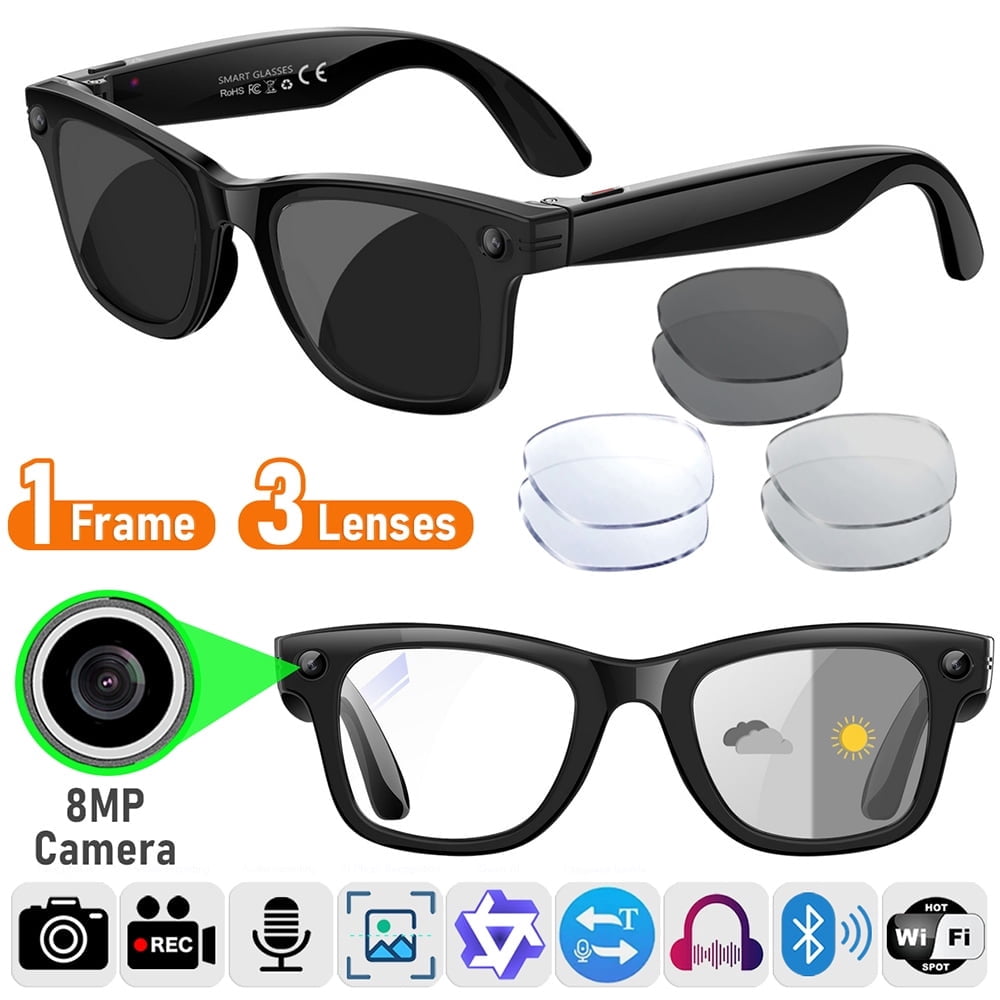 Smart Glasses (3 Pairs Lenses) with Camera (8MP) and Bluetooth Headset ...