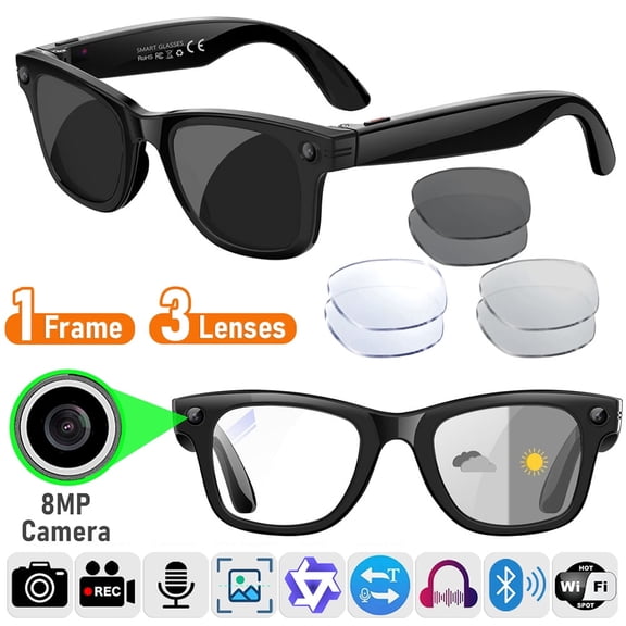 Smart Glasses (3 Pairs Lenses) with Camera (8MP) and Bluetooth Headset, Photo/Video Recording, Qwen AI Photo Recognition, Language Translation Eyewear, Bluetooth Headphones
