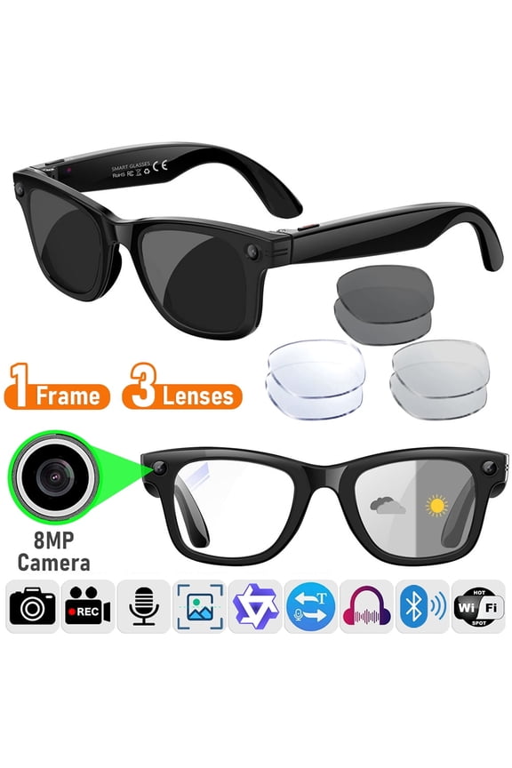 Smart Glasses (3 Pairs Lenses) with Camera (8MP) and Bluetooth Headset, Photo/Video Recording, Qwen AI Photo Recognition, Language Translation Eyewear, Bluetooth Headphones