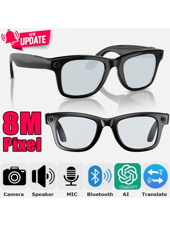 Smart Glasses with 8MP HD Camera Photo Video Recording, ChatGPT AI Photos Recognition, Q&A, Live Translation, Bluetooth Earphone Call, Music (HD Anti Blue Light Lenses)