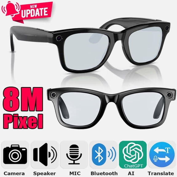 Smart Glasses with 8MP HD Camera Photo Video Recording, ChatGPT AI Photos Recognition, Q&A, Live Translation, Bluetooth Earphone Call, Music (Photochromic Lenses)