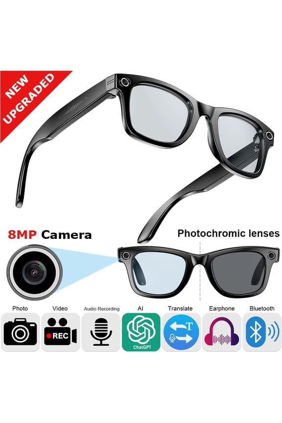 Smart Glasses with 8MP HD Camera Photo Video Recording, ChatGPT AI Photos Recognition, Q&A, Live Translation, Bluetooth Earphone Call, Music (Photochromic Lenses)