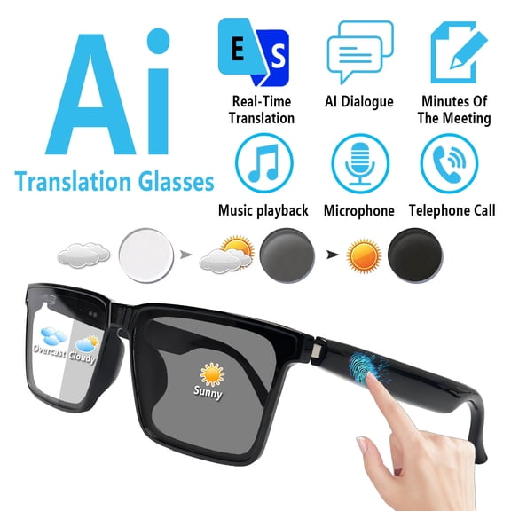 Smart Glasses with AI,Bluetooth Music Glasses with 164 Translation,Physically-Changing Lenses,Audio Eyewear with Music play &Hands-Free Calling,Multifunctional Headphones glasses for Men Women