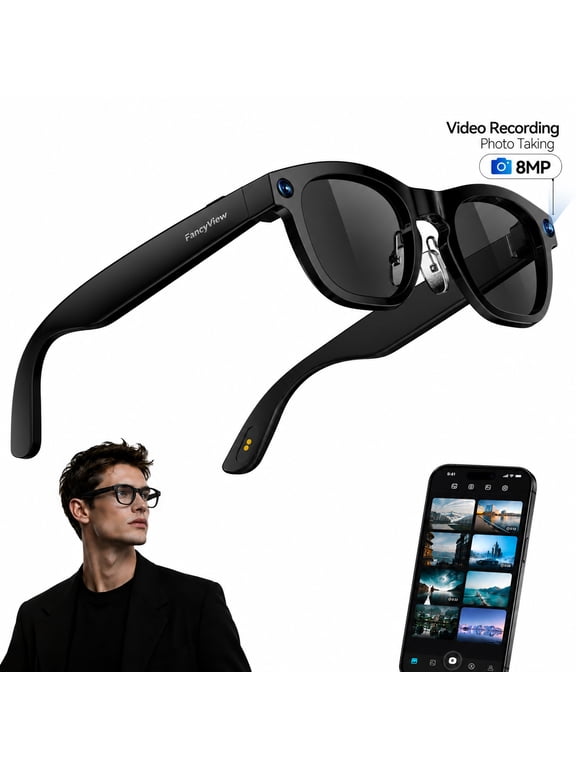 AI Smart Glasses with Camera, HD Photo/Video Recording, Sunglasses for Men and Women, Open Ear Audio, Voice Assistant, Real Time Translation, Hands Free Calls, Shiny Black