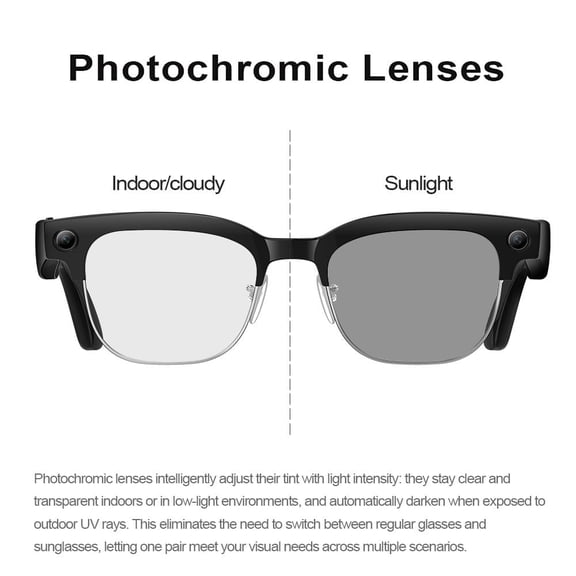 Smart Glasses with Camera, Semi-rimless Photochromic Lens, HD 8MP Photo Video Recording, ChatGPT AI Photos Recognition, Q&A, Live Translation, Bluetooth Earphone Call, Music