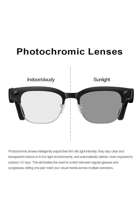 Smart Glasses with Camera, Semi-rimless Photochromic Lens, HD 8MP Photo Video Recording, ChatGPT AI Photos Recognition, Q&A, Live Translation, Bluetooth Earphone Call, Music