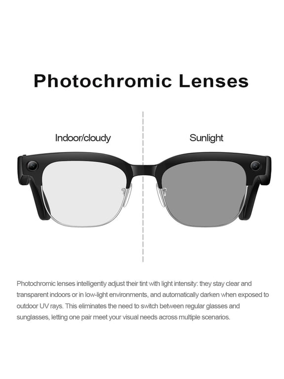 Smart Glasses with Camera, Semi-rimless Photochromic Lens, HD 8MP Photo Video Recording, ChatGPT AI Photos Recognition, Q&A, Live Translation, Bluetooth Earphone Call, Music