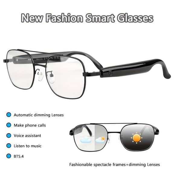 Smart Glasses with Auto-Tint Lenses, Touch Control, Mic, Hi-Res Audio, Wireless, Rechargeable, Anti-Blue Light for Office Outdoor Sports Driving Music & Calls