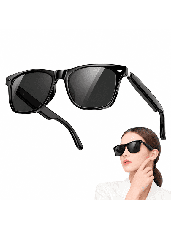 Smart Bluetooth Glasses for Women Men, Open Ear Audio Sunglasses with Polarized Lens, Hands-Free Calls, Voice Assistant, Black
