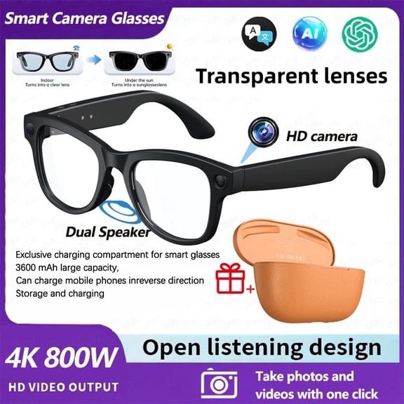 Smart Glasses M02 with Charging Case - 800MP Camera, Object Recognition, Translation, WiFi, Navigation, Recording