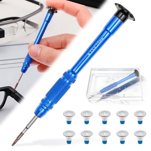 Smart Glasses Repair Kit with 10pcs Replacement Screws, Precision Aluminum Alloy Screwdriver Set for Smart Glasses Hinges and Loose Temple Arms, Anti-Loosening Coated Screws for Secure Fit