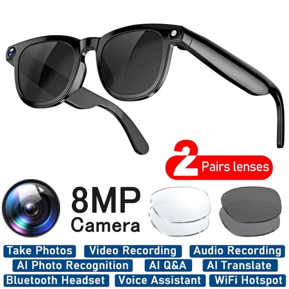 Smart Glasses / Sunglasses (2 Pairs Lenses), 8MP HD Camera, Photography, Video Recording, Bluetooth Wireless Headset, ChatGPT AI-powered Photo Recognition Q&A, Real-time Language Translation