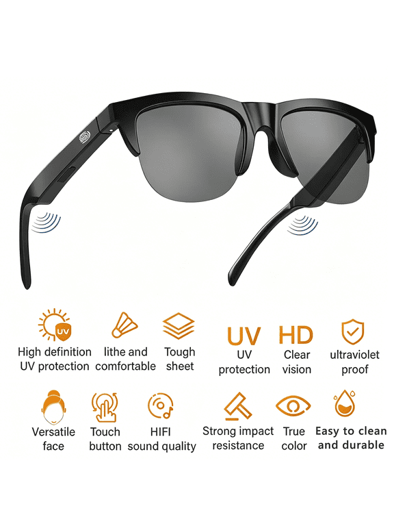 Smart Glasses with Open-Ear Speaker - Hands-Free Calling, UV400 Polarized Sunglasses for Men Women, Touch Control, Long Battery Life, Bluetooth Music Glasses for Travel Driving Cycling