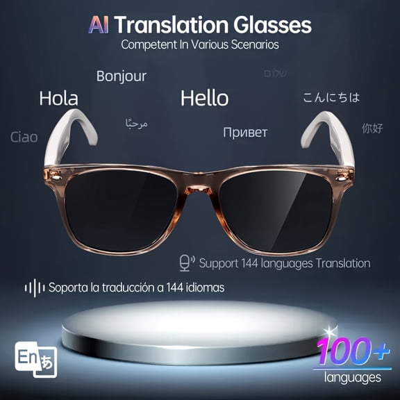 Smart Glasses with AI Translation, 144 Languages, HD Vision, Voice Control, Anti-Blue Light, USB Rechargeable, Lightweight for Travel Office Music