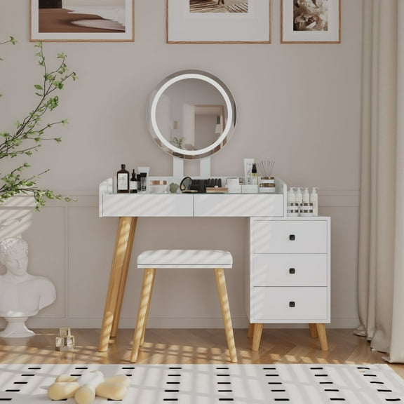 Smart Glide Dressing Table w/ Touchscreen LED Mirror & Expandable Storage