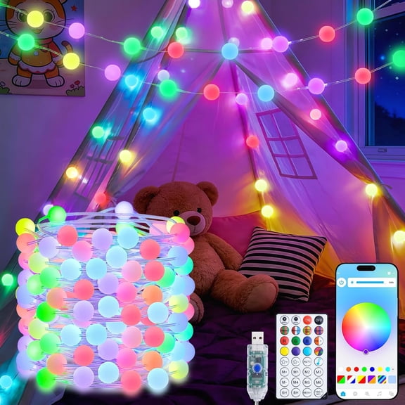 Smart Globe String Lights Plug in/USB, App & Remote Control, Music Sync, 33FT RGB Color Changing Fairy Lights, 66 LED Twinkle String Lights for Bedroom Patriotic Christmas DIY Gift Decor