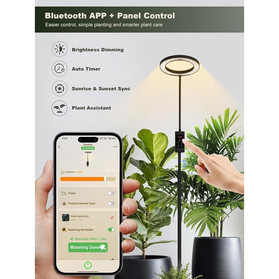 Smart Grow Lights for Indoor Plants, 24W Full Plant Lights with Bluetooth App, Adjustable Height 47-70.9", Auto Timer, Indoor Plant Lamp for Large Tall Plants(Black 24W)