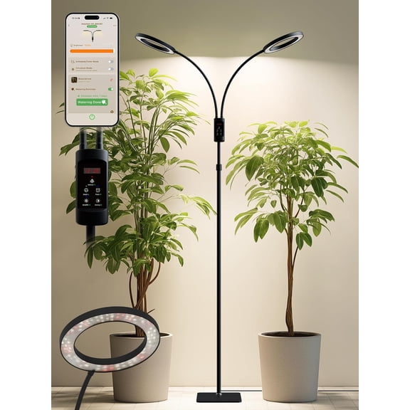 Smart Grow Lights for Indoor Plants, Plant Light with Auto-Timer, Full Spectrum LED Grow Light, Adjustable Height & Stepless Dimming,Plant Assistant Suitable for Most Plants (Black, Dual Heads)