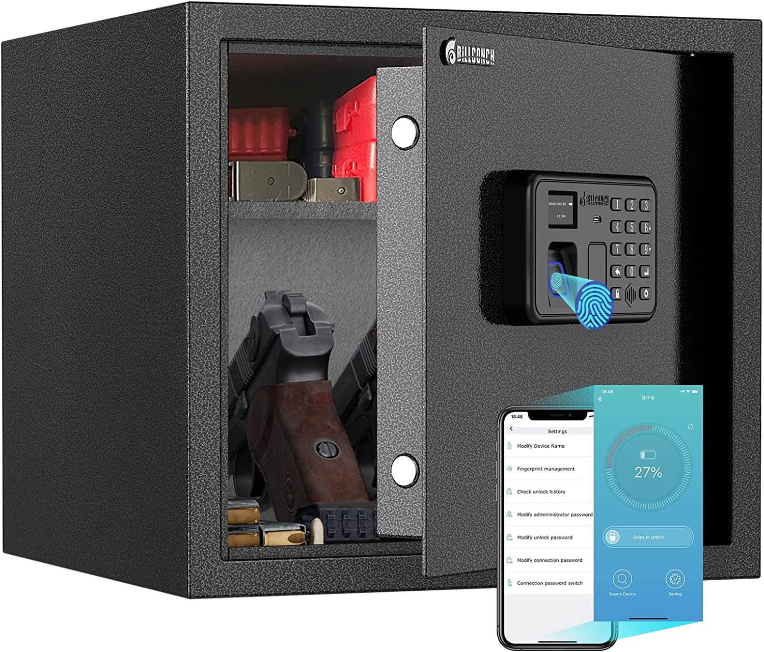 Biometric Gun Safe With Wireless Charging – Fingerprint, Keypad & Key Lock, LCD Display, For Bedside Or Car