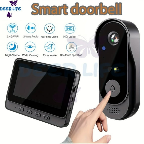 Smart HD WiFi Doorbell with 4.3" Screen, Wireless Camera Night Vision, Voice Converter, 365-Day Standby, 128GB Expandable Storage, Auto-Record/Live Call, Home Pet Security
